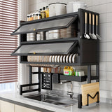 Organizador multifuncional para fregadero de cocina - Estructura de acero al carbono/metal con altura ajustable (21.21 cm-30.0 cm), ahorrador de espacio con ganchos, canastas y soporte para tabla de cortar, ideal para mesón, gabinete, utensilios y platos