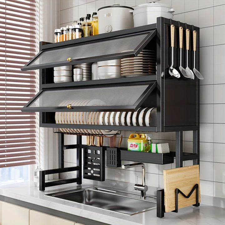 Organizador multifuncional para fregadero de cocina - Estructura de acero al carbono/metal con altura ajustable (21.21 cm-30.0 cm), ahorrador de espacio con ganchos, canastas y soporte para tabla de cortar, ideal para mesón, gabinete, utensilios y platos
