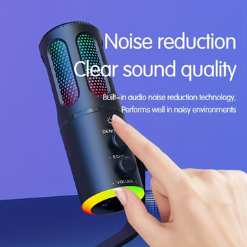 Micrófono SU8 con reducción de ruido, iluminación RGB, efecto de audio reverberante, interfaz USB Type-C para juegos y canto, equipo de audio para juegos | Micrófono moderno | Micrófono alimentado por USB