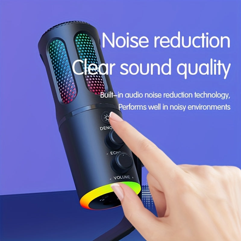 Micrófono SU8 con reducción de ruido, iluminación RGB, efecto de audio reverberante, interfaz USB Type-C para juegos y canto, equipo de audio para juegos | Micrófono moderno | Micrófono alimentado por USB