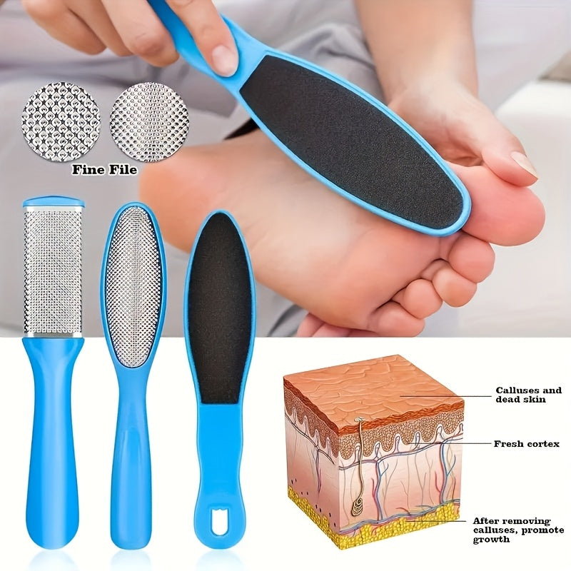 3 piezas Juego de pedicura azul - Lima de pies de acero inoxidable de doble cara, removedor de callos manual, exfoliante de piel muerta, herramientas de cuidado de pies de plástico para uso doméstico o en salón, sin perfume, no necesita electricidad, reg
