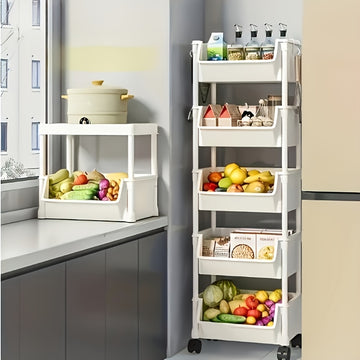 Carrito Organizador de Plástico Blanco de 5 Niveles con Ruedas para Ahorrar Espacio - Estante de Almacenamiento Rodante Versátil con Ganchos para Cocina, Oficina y Uso Doméstico | Estantes Duraderos para Libros, Verduras, Snacks y Más, Organizador de Alm