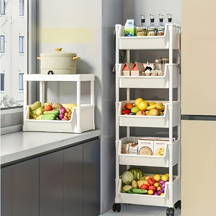 Carrito Organizador de Plástico Blanco de 5 Niveles con Ruedas para Ahorrar Espacio - Estante de Almacenamiento Rodante Versátil con Ganchos para Cocina, Oficina y Uso Doméstico | Estantes Duraderos para Libros, Verduras, Snacks y Más, Organizador de Alm