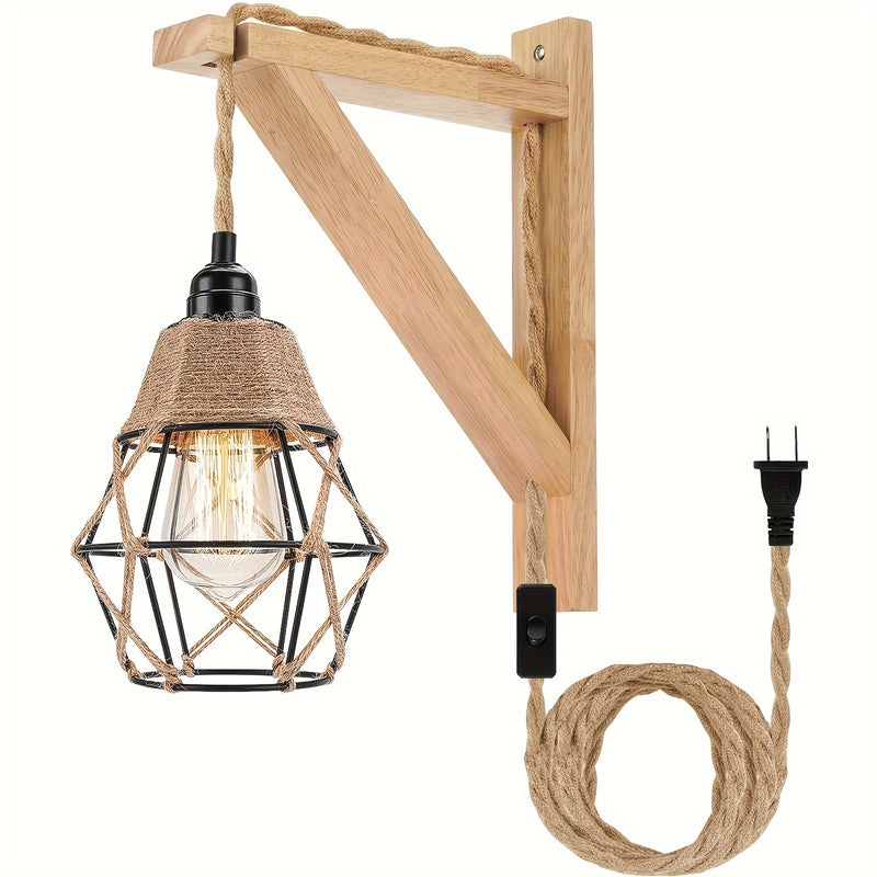 Lámpara de pared rústica de madera con interruptor, base E26, 60W, montaje semiempotrado, bombilla no incluida, estilo de granja