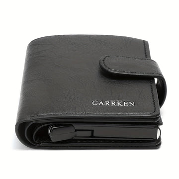 Cartera de Cuero PU Negra para Hombre CarrKen - Estilo Elegante de Negocios con Cierre Seguro a Presión, Gran Capacidad y Múltiples Ranuras para Tarjetas - Regalo Ideal para el Profesional Moderno