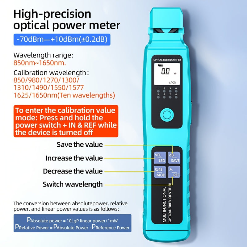 Identificador de fibra óptica A-50+ con medidor de potencia de luz incorporado VFL30mw dispositivo de seguimiento de fibra óptica adecuado para 800-1700nm identificación óptica de fibra viva puerto RJ45