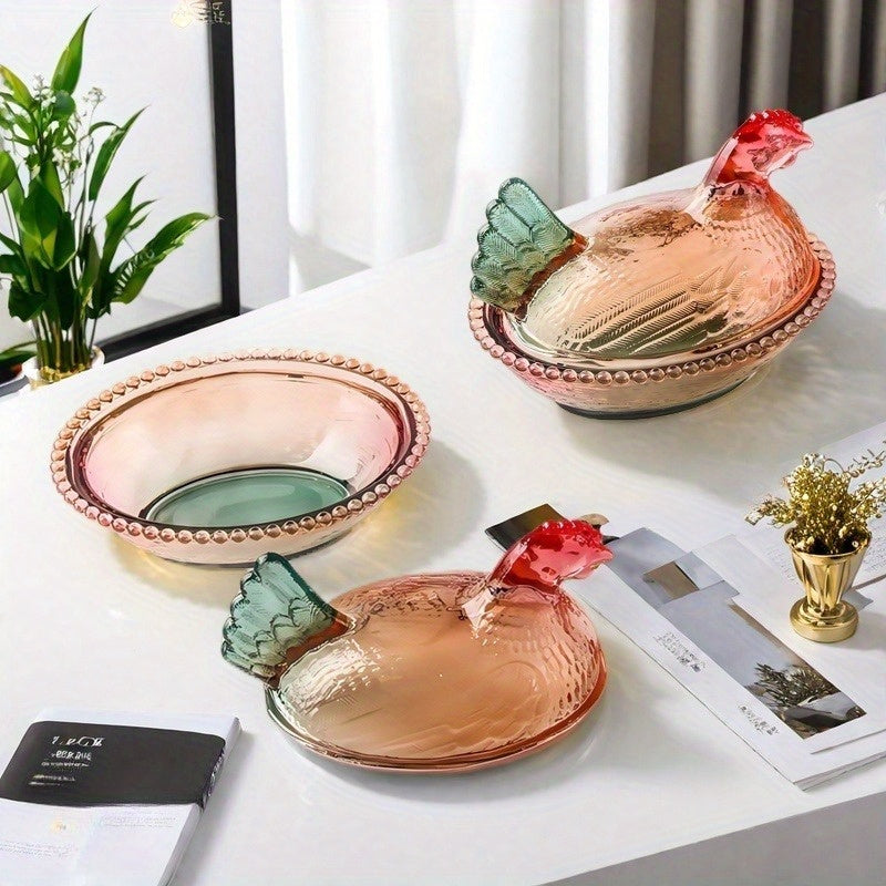Tarro de Cristal con Forma de Gallo Elegante y Tapa - Diseño Intrincado en Rosa, Verde y Amarillo - Ideal para Dulces, Snacks o Decoración de Mesa - Lavado a Mano Únicamente - Apto para Todas las Estaciones