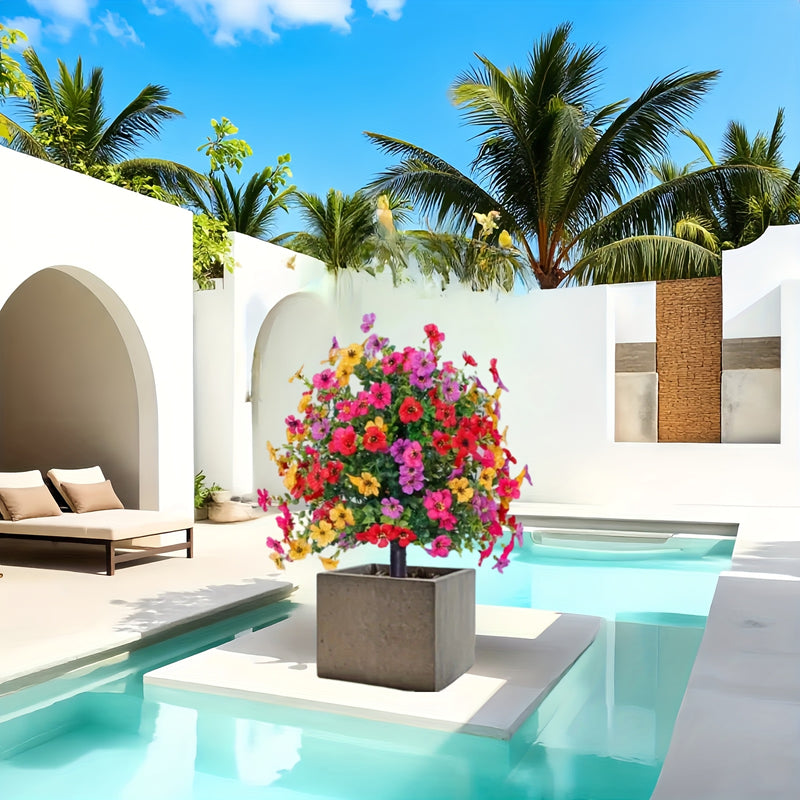 Tres conjuntos de árboles de imitación vibrantes para exteriores, con pernos para decoración de hogar, jardín e interiores, arreglos artificiales de violetas de larga duración, plantas de imitación decorativas adecuadas para terrazas, porches y patios.