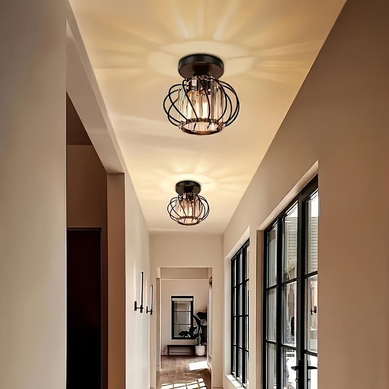 1 pieza de luz de techo semi-inclinada moderna, diseño de jaula de metal con paneles de vidrio, base de bombilla E26, cableado duro, acabado con aceite para sala de estar, pasillo, baño, cocina - bombilla no incluida, iluminación para techo