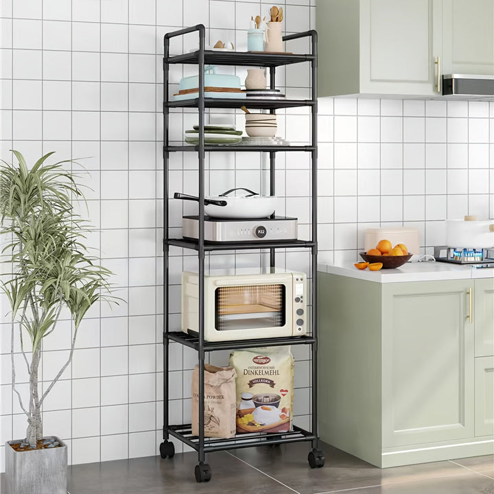 Estante de Almacenamiento de Cocina Multinivel Versátil con Ruedas - Carrito de Utilidad Grande y Rodante para Organización Fácil, Construcción Duradera de Metal y Plástico, Negro/Blanco