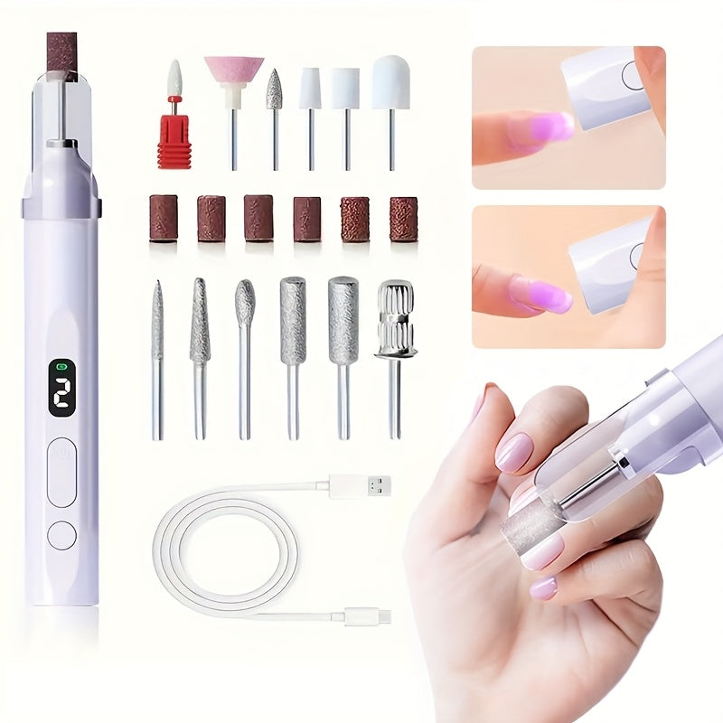 Lima de uñas portátil, recargable por USB - Taladro de uñas eléctrico multifuncional, equipado con una lámpara de uñas de alta potencia y luz auxiliar LED, adecuado para hornear uñas de gel DIY en casa, pulido de belleza de uñas profesional y kit de herr