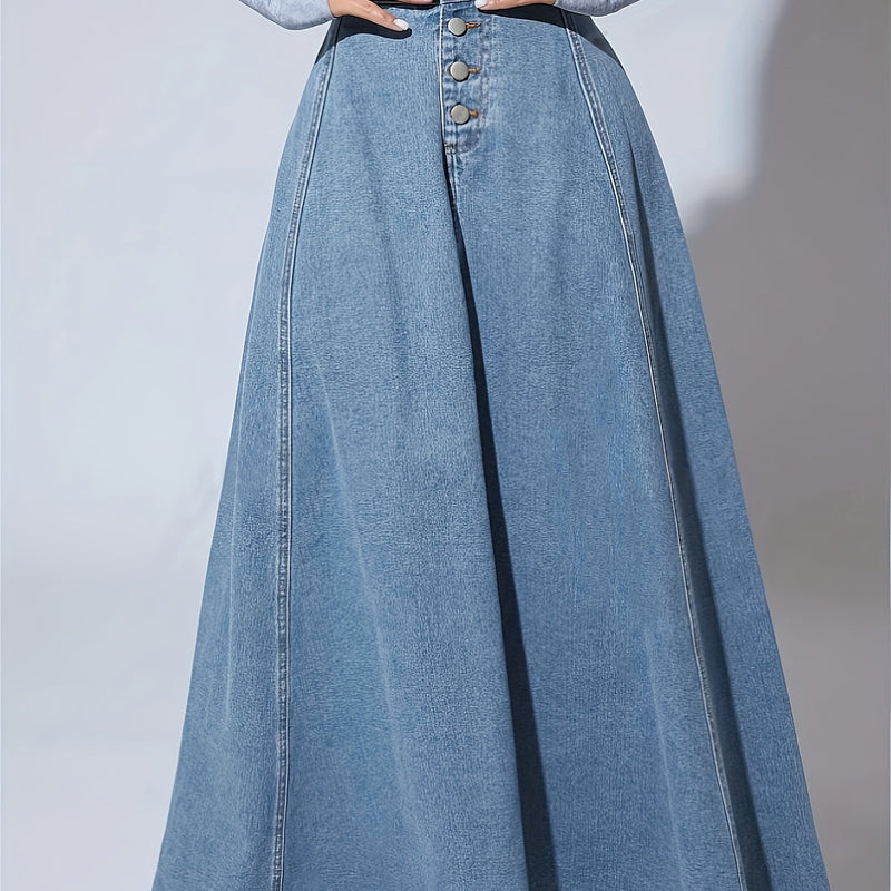 Falda larga acampanada de mezclilla de lavado claro liso, de un solo pecho, corte holgado, para mujer, jeans y ropa de mezclilla