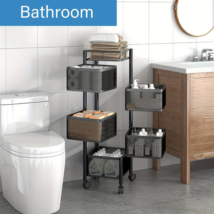 Estante giratorio de cocina de 5 niveles, sin necesidad de ensamblaje, torre de almacenamiento metálica para frutas, verduras, alimentos, papas artificiales de jade y cebollas (5 capas, negro)