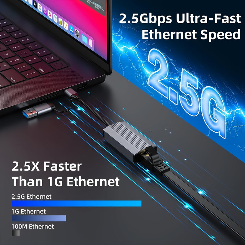 Adaptador USB-C Ethernet 2 en 1 con Velocidad de Internet de 2.5 Gb/s - Plug & Play, Sin Necesidad de Controladores, Compatible con Windows XP/7/8/8.1/10/11 para Portátiles/Tabletas/Smartphones