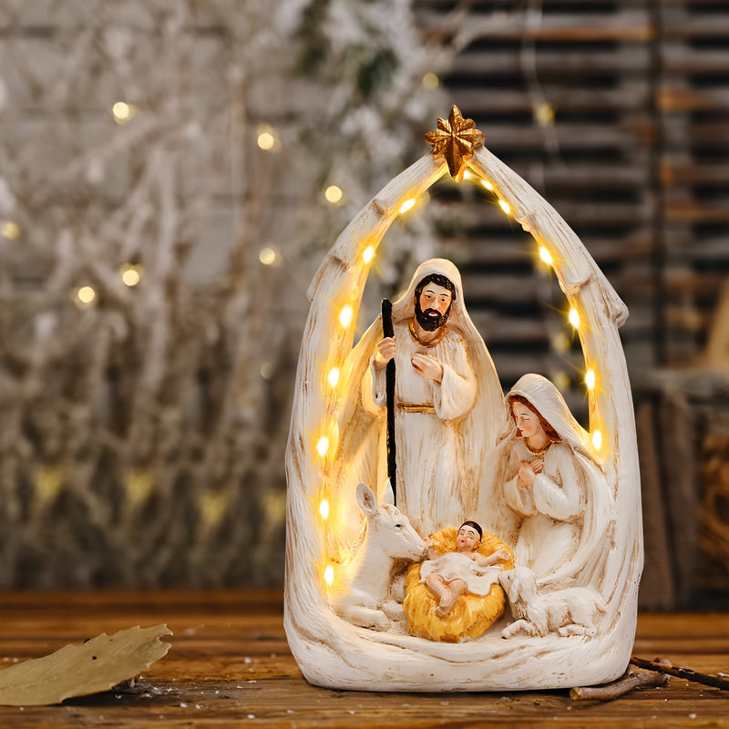 1 pieza de escena de nacimiento de Jesús con luces LED y energía solar estilo Art Deco, figura de resina para decoración navideña exterior, regalo religioso para familia, amigos y cristianos, funciona con pilas AA (no incluidas)