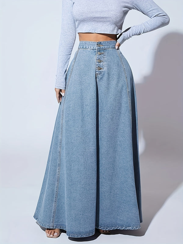 Falda larga acampanada de mezclilla de lavado claro liso, de un solo pecho, corte holgado, para mujer, jeans y ropa de mezclilla