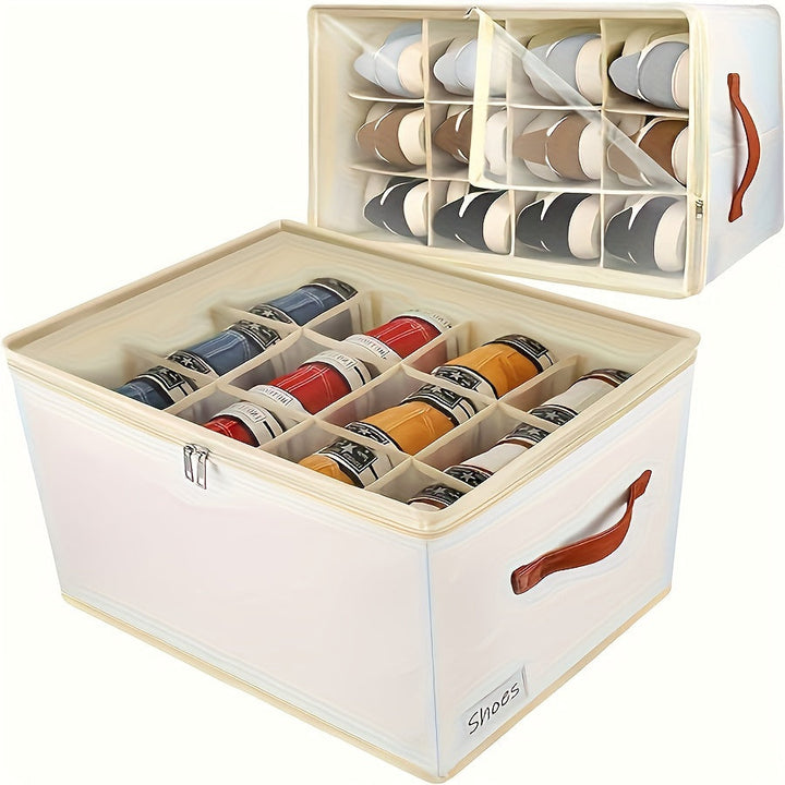 1 caja de zapatos plegable que ahorra espacio - Cierre transparente, almacenamiento de zapatos apilable, adecuado para armario o gabinete, material sintético beige, lavado a mano o limpieza en seco, diseño compacto para almacenamiento eficiente de zapato