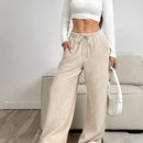 Botas Anchas de Pana Beis para Mujer - Pantalones Casuales con Cintura Elástica, 100% Poliéster Lavables en Máquina para Otoño/Invierno, Color Sólido Sin Estirar y Cómodos