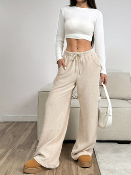 Botas Anchas de Pana Beis para Mujer - Pantalones Casuales con Cintura Elástica, 100% Poliéster Lavables en Máquina para Otoño/Invierno, Color Sólido Sin Estirar y Cómodos