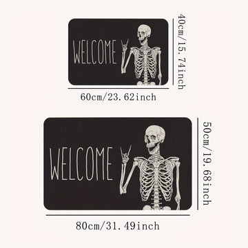 1 alfombrilla de entrada con diseño de calavera juguetón, ideal para fiestas de Halloween y decoración, hecha de poliéster negro, lavable en máquina, de 1 cm de grosor, 700 g/m². Perfecta para decorar tu hogar o negocio.