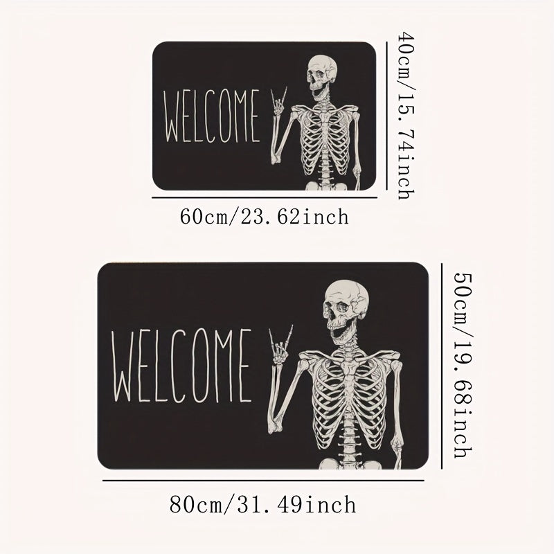 1 alfombrilla de entrada con diseño de calavera juguetón, ideal para fiestas de Halloween y decoración, hecha de poliéster negro, lavable en máquina, de 1 cm de grosor, 700 g/m². Perfecta para decorar tu hogar o negocio.