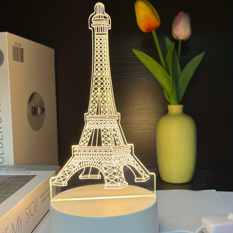 1 lámpara LEDUGF moderna 3D de la Torre Eiffel con base blanca, luz cálida monocromática, control por interruptor, material plástico, incluye cable, alimentación por USB, para dormitorio