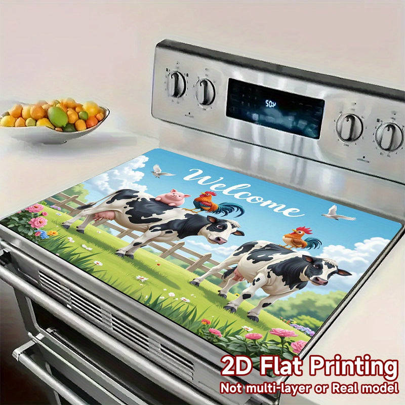 1 pieza, cojín de protección para estufa de impresión plana 2D, accesorio de cocina elegante para el hogar, tema de vacas, cerdos y pollos, patrón, poliéster, para estufa y superficies planas - Duradero, fácil de limpiar