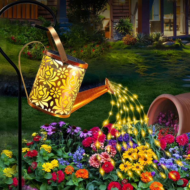 1 tanque de riego solar con luces, luces solares para jardín, decoración de jardín, faroles colgantes, lámparas solares de cascada de metal, ideal para patios, senderos, césped, terrazas, corredores, recibidor - regalo perfecto para Navidad