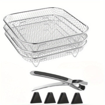Juego de 8 piezas de accesorios para freidor de aire de acero inoxidable: soporte pila, pinzas y almohadillas de altura - Adecuado para cocinar saludable y deshidratar en freidor de aire de dos cestas, soporte de tres capas para freidor de aire, lavavaji