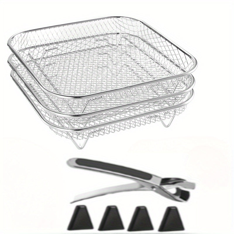 Juego de 8 piezas de accesorios para freidor de aire de acero inoxidable: soporte pila, pinzas y almohadillas de altura - Adecuado para cocinar saludable y deshidratar en freidor de aire de dos cestas, soporte de tres capas para freidor de aire, lavavaji