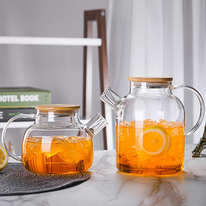 Tetera de vidrio borosilicato con tapa de bambú, 1000ml/1800ml, resistente al calor, jarra de agua de vidrio transparente, pico con filtro removible, apta para estufa y microondas, ideal para té de hojas sueltas y jugo de frutas, regalo perfecto para día