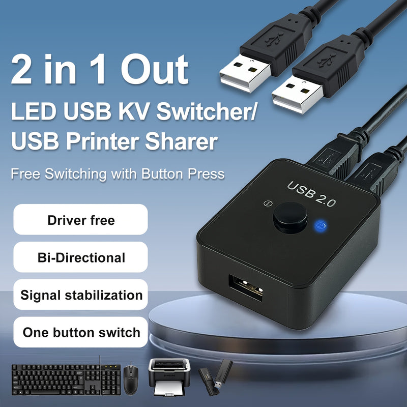 Conmutador USB 2.0 2 en 1 para Impresora, Selector LED de Compartición USB, Conmutador para 2 Computadoras con Teclado, Ratón y Escáner Incluye 2 Cables USB de 1 Metro, Compatible con Mac Windows Linux