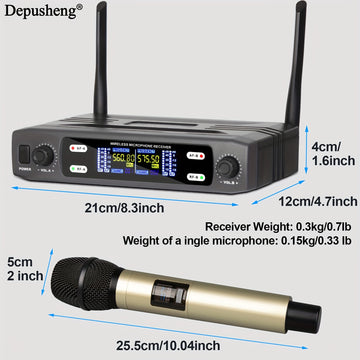 Micrófono inalámbrico profesional DEPUSHENG de dos canales portátil con pantalla digital, conector de 6,35 mm, indicador de batería y control de volumen - para reuniones, escenarios, actuaciones, KTV familiar, micrófono para computadora, equipo de audio