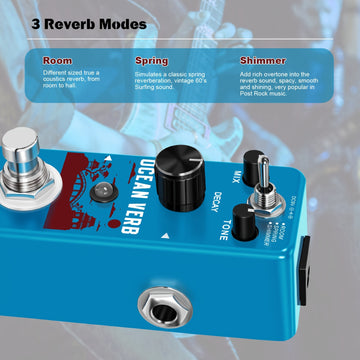 Pedal de reverberación para guitarra, pedal de efectos digital Ocean Verb con 3 modos: sala, resorte y brillo, para guitarra eléctrica y bajo, tamaño mini, bypass verdadero