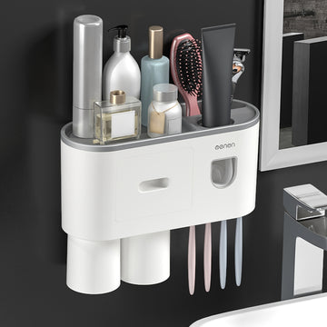 Juego de portacepillos de pared fácil de instalar con dispensadores automáticos de pasta dental, tazas magnéticas y ganchos - No requiere perforación