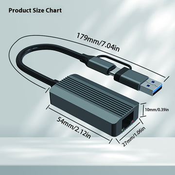 Adaptador USB-C Ethernet 2 en 1 con Velocidad de Internet de 2.5 Gb/s - Plug & Play, Sin Necesidad de Controladores, Compatible con Windows XP/7/8/8.1/10/11 para Portátiles/Tabletas/Smartphones