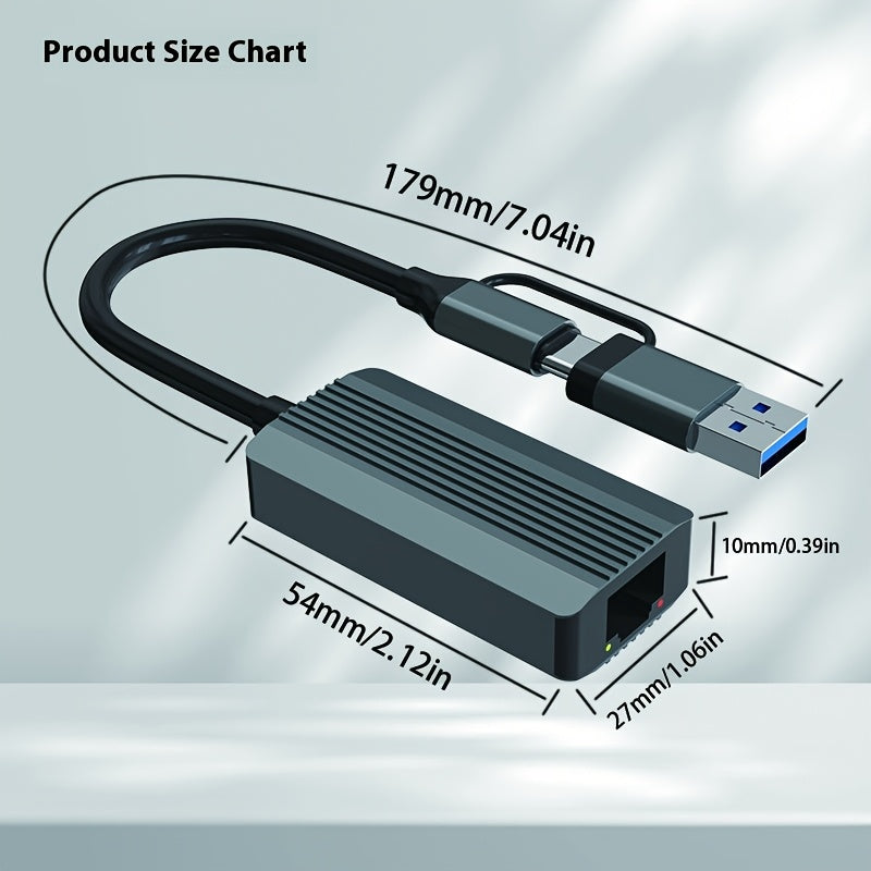 Adaptador USB-C Ethernet 2 en 1 con Velocidad de Internet de 2.5 Gb/s - Plug & Play, Sin Necesidad de Controladores, Compatible con Windows XP/7/8/8.1/10/11 para Portátiles/Tabletas/Smartphones