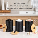 Conjunto de 3 piezas de tarro metálico negro sellado, Contenedor de almacenamiento de malla circular con tapa de bambú sellada para encimera de cocina, Adecuado para almacenar granos de café, té, dulces y cereales - Reutilizable