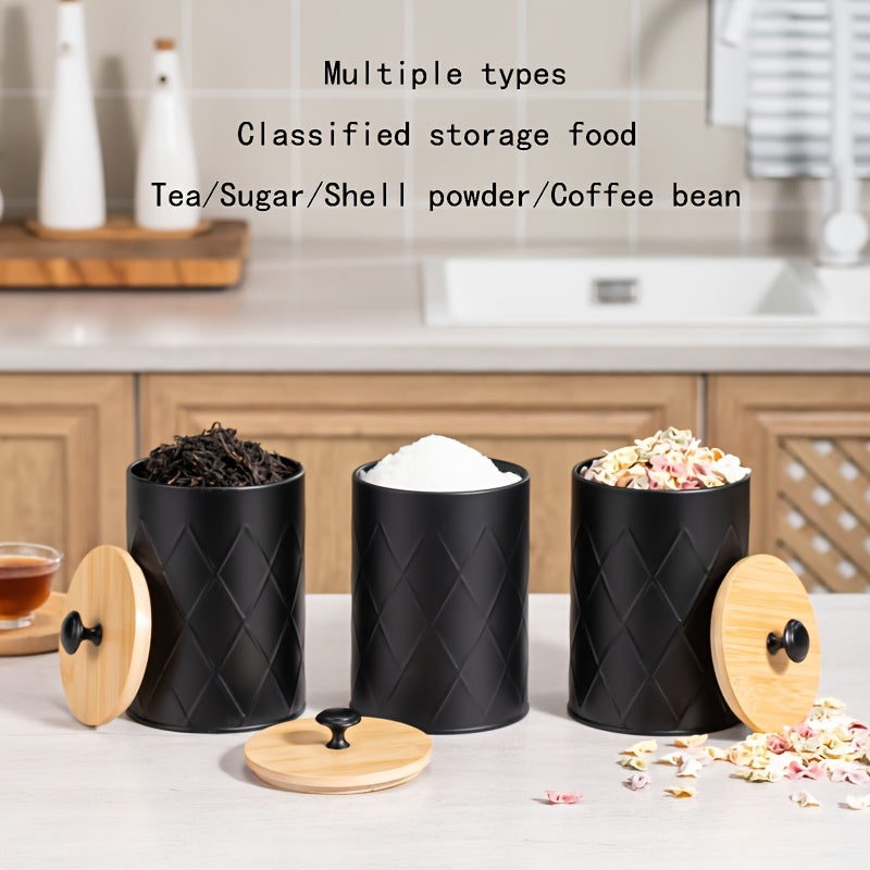 Conjunto de 3 piezas de tarro metálico negro sellado, Contenedor de almacenamiento de malla circular con tapa de bambú sellada para encimera de cocina, Adecuado para almacenar granos de café, té, dulces y cereales - Reutilizable