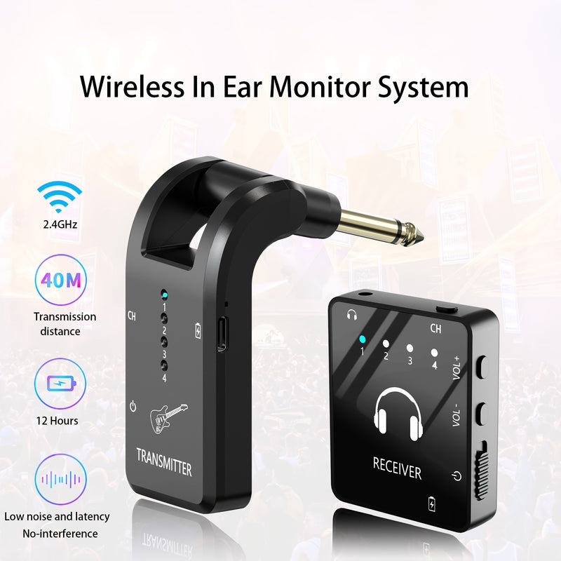 Sistema de monitorización inalámbrica en el oído, 2.4GHz IEM con transmisor y receptor de lavalier, carga USB, Plug and Play, bajo ruido, larga duración de la batería, para músicos, estudio, ensayo de banda, presentación en vivo - Resina ABS negra