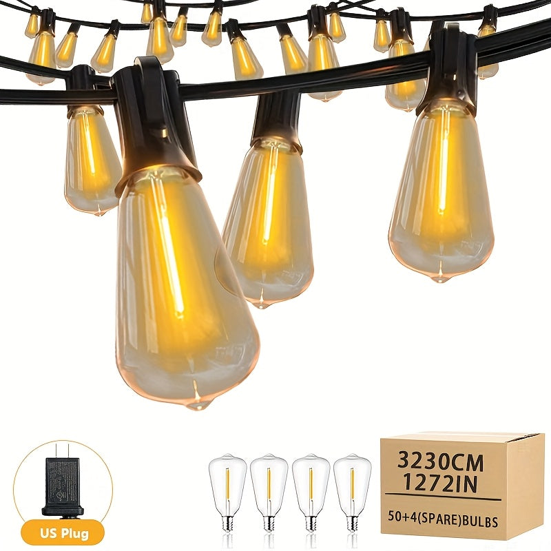 Luces de cuerda al aire libre ST38, 32,3 m/26,21 m/20,11 m/17,07 m/10,97 m/7,92 m, equipadas con 54/44/32/27/16/11 bombillas LED de alta calidad resistentes a los golpes de estilo retro. Adecuadas para calles, patios, cafeterías, bodas, fiestas de cumple