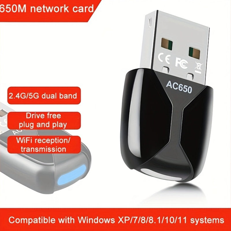 Adaptador de Wifi USB con tarjeta de red inalámbrica de doble banda 2.4G/5G, enchufar y funcionar sin controladores, adecuado para escritorios y portátiles, compatible con Windows Xp/Vista/7/8.1/10/11, no requiere batería, conexión USB, control de aplica