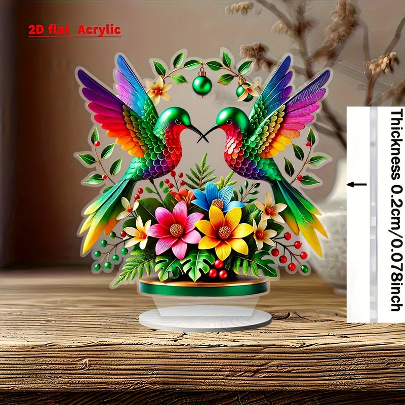 Decoración de Mesa Acrílica Plana en 2D, 1 pieza con Colibrí y Flores Vibrantes - Arte Impreso Manual en 2D, Centro de Escritorio para Oficina o Hogar sin Electricidad, Regalo Único de Navidad para Amantes de la Naturaleza, Decoración de Pájaros, 2D Plano