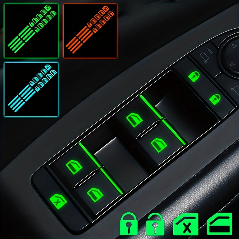 1 juego de pegatinas de botón de ventana de coche universal - Verde fluorescente, azul, naranja, pegatinas funcionales de botón adecuadas para accesorios de interior de coche