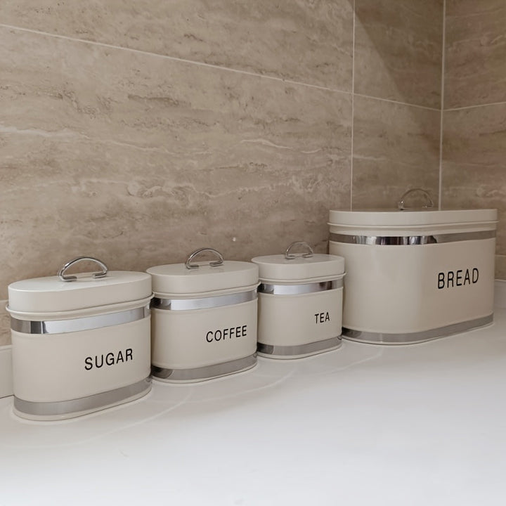 Juego de 4 Piezas Recipiente Hermético para Almacenar Pan, Café y Té en Tarro Metálico con Tapón de Acero