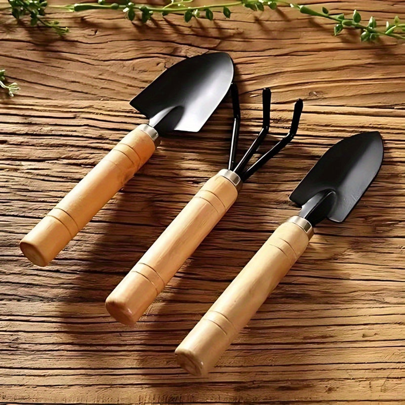 Juego de herramientas de jardín mini de tres piezas - Herramientas de jardinería de acero con asas de madera ergonómicas | Adecuado para uso en interiores, disponible en dos modelos