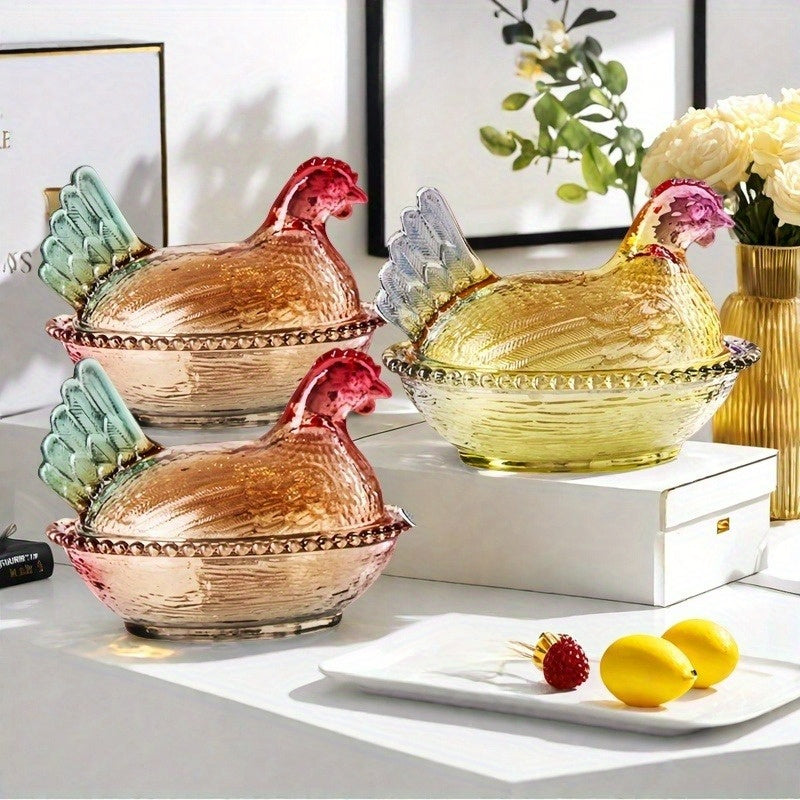 Tarro de Cristal con Forma de Gallo Elegante y Tapa - Diseño Intrincado en Rosa, Verde y Amarillo - Ideal para Dulces, Snacks o Decoración de Mesa - Lavado a Mano Únicamente - Apto para Todas las Estaciones