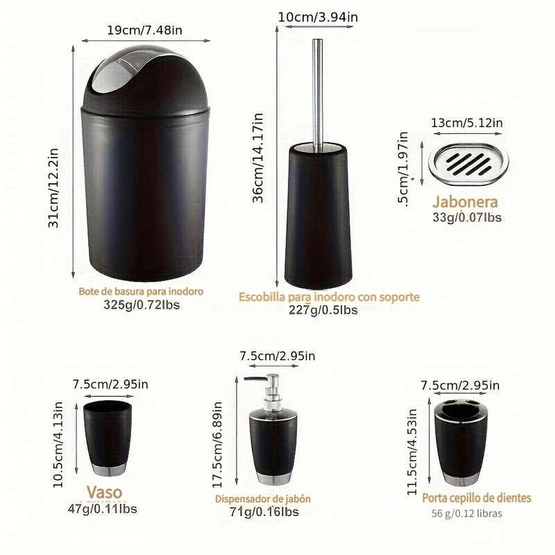 Juego de artículos de tocador de baño de hotel, juego de cinco piezas, dispensador de jabón de mano creativo de plástico, caja de jabón, soporte para cepillo de dientes, taza para la boca, cubo de basura de plástico, con cepillo de inodoro y asiento.