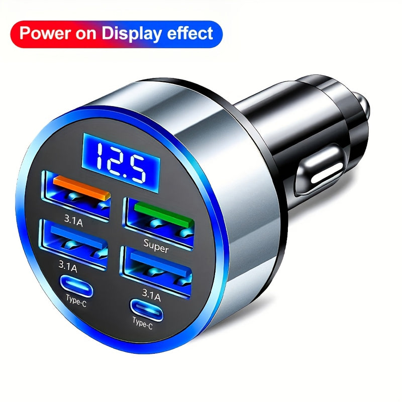 Car Cargador Rápido 2 PD con Pantalla Digital y 4 USB, Adaptador de Coche 6 en 1 para Teléfono - Accesorio de Auto