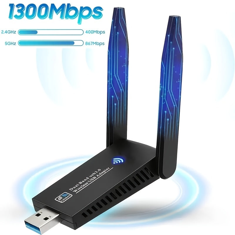 Adaptador WiFi USB AC1300Mbps de doble banda - Antena de alta ganancia de 5Dbi, Plug and Play, Compatible con Windows/Mac, Soporta redes 2.4G/5G, Control de aplicaciones, Modo de alimentación USB, Tensión de funcionamiento ≤36V, Conexión inalámbrica 2.4G